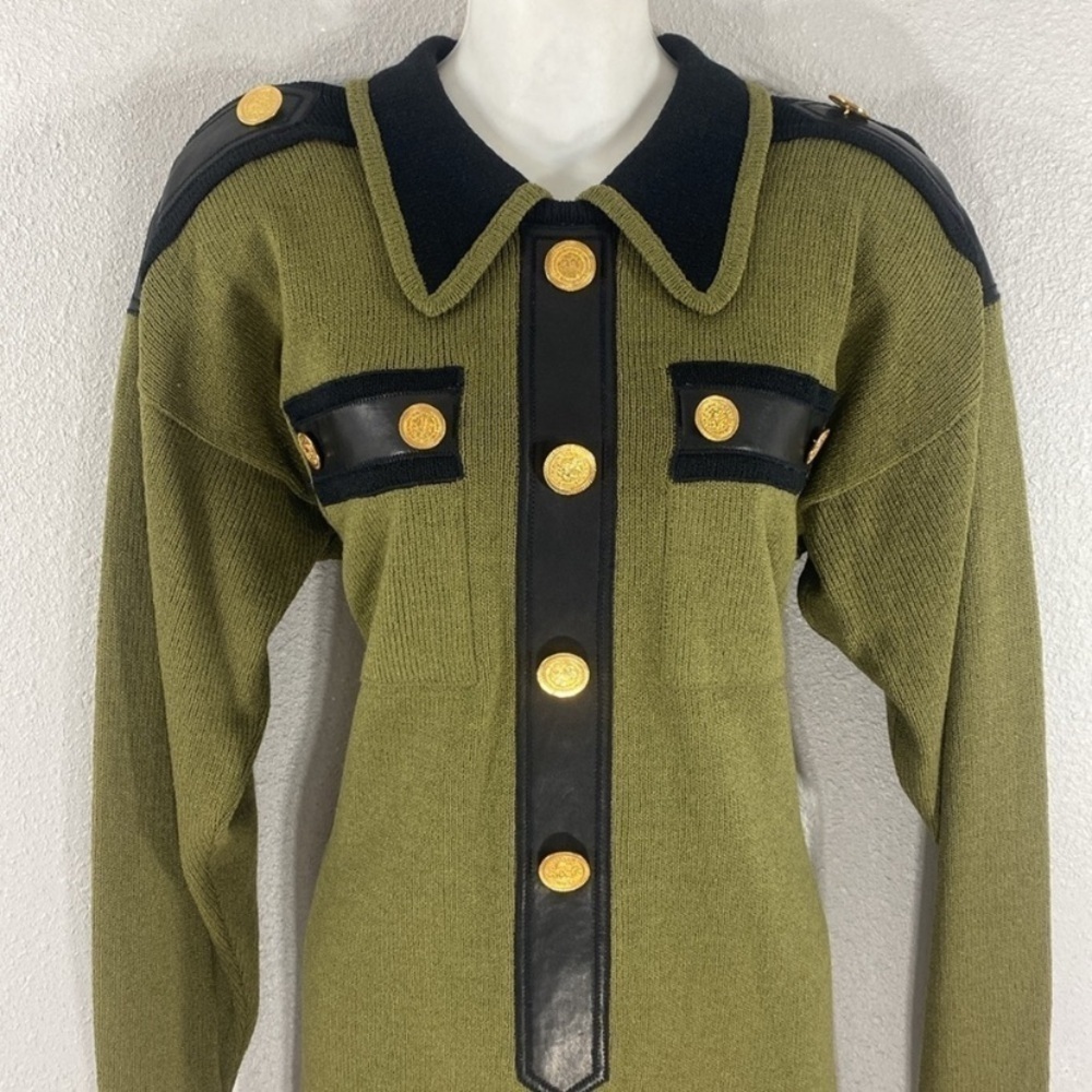 Vintage Cache green black knit military influenced dress Medium M W3 - Picture 2 of 12